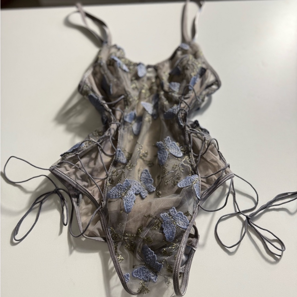 Sheer Bodysuit with Blue Butterfly Embroidery size M